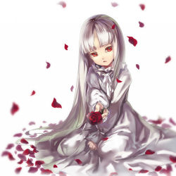 Rule 34 | 1girl, blunt bangs, dress, el (sound horizon), elysion, flower, long hair, open mouth, outstretched arm, petals, red eyes, rifsom, rose, seiza, sitting, solo, sound horizon, very long hair, white background, white hair, white theme
