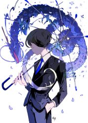 Rule 34 | 1boy, aozukikawasemi, black hair, blue necktie, character request, chinese zodiac, copyright request, dragon, formal, hand in pocket, happy new year, highres, holding, holding umbrella, male focus, necktie, new year, shirt, short hair, simple background, solo, suit, umbrella, white background, white shirt, year of the dragon