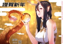 Rule 34 | 1girl, bare shoulders, black hair, breasts, dragon girl, dragon horns, dragon tail, dress, horns, large breasts, long hair, looking at viewer, nanahime, open mouth, orb, original, pointy ears, red eyes, scales, sidelocks, smile, solo, sparkle, tail, translation request, white dress