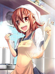 Rule 34 | 10s, 1girl, :d, apron, ataru (cha2batake), brown eyes, brown hair, cooking, drooling, error musume, fairy (kancolle), girl holding a cat (kancolle), hair ornament, hairclip, head scarf, helmet musume (kancolle), ikazuchi (kancolle), kantai collection, ladle, open mouth, personification, puka puka, school uniform, serafuku, skirt, smile, solo