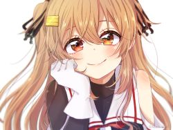 Rule 34 | 1girl, asymmetrical clothes, black serafuku, brown eyes, commentary request, gloves, hair flaps, hair ornament, hairclip, hand on own face, heterochromia, kantai collection, light brown hair, long hair, looking at viewer, murasame (kancolle), murasame kai ni (kancolle), red eyes, ren kun, school uniform, serafuku, smile, solo, two side up, white gloves