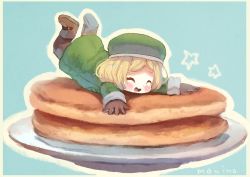 Rule 34 | 1girl, :d, bad id, bad pixiv id, blonde hair, blue background, blush, boots, brown footwear, brown gloves, brown pantyhose, closed eyes, coat, commentary request, dot nose, fate/grand order, fate (series), food, from side, gloves, green coat, green hat, hat, long sleeves, manino (mofuritaionaka), mini person, minigirl, open mouth, outline, pancake, pantyhose, paul bunyan (fate), short hair, signature, simple background, smile, solo, star (symbol), tray, white outline