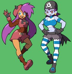 Rule 34 | 2girls, alternate hairstyle, ankle boots, armband, bad id, bad pixiv id, bandana, black gloves, blue eyes, blue skin, boots, breasts, colored skin, cosplay, creatures (company), crop top, crossover, cutoffs, dark-skinned female, dark skin, earrings, fringe trim, game freak, gloves, green background, hands on own hips, hat, hoop earrings, jewelry, large breasts, long hair, midriff, multiple girls, navel, nintendo, pantyhose, pirate, pokemon, pokemon oras, purple hair, red eyes, ribbed sweater, risky boots, shantae, shantae (series), shenanimation, short hair, shorts, socks, striped clothes, striped legwear, striped thighhighs, sweater, team aqua, team aqua (cosplay), team magma, team magma (cosplay), thighhighs, tsurime, twintails