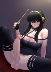 Rule 34 | 1girl, arm support, black dress, black hair, blush, breasts, cleavage, dagger, dress, erection, female pubic hair, futanari, hair between eyes, hairband, half-closed eyes, highres, holding, holding dagger, holding knife, holding weapon, huge breasts, knife, large penis, long hair, looking at viewer, minishell, no panties, penis, pubic hair, red eyes, sitting, smile, solo, spread legs, spy x family, testicles, thighhighs, uncensored, weapon, yellow hairband, yor briar