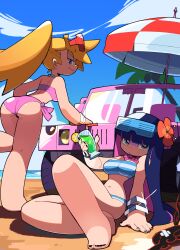 Rule 34 | 2girls, absurdres, alternate costume, arm support, ass, bacun, beach umbrella, bikini, black nails, blonde hair, blue bikini, blue eyes, blunt bangs, breasts, closed mouth, colored inner hair, cup, drinking glass, eyewear on head, flower, hair flower, hair ornament, highres, holding, holding cup, jewelry, large breasts, multicolored bikini, multicolored clothes, multicolored hair, multiple girls, navel, necklace, panty &amp; stocking with garterbelt, panty (psg), pink hair, ponytail, purple hair, sitting, smile, stocking (psg), striped bikini, striped clothes, sunglasses, swimsuit, umbrella, white bikini
