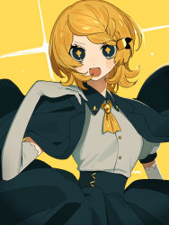 Rule 34 | + +, 1girl, blonde hair, blush stickers, braid, brooch, collared shirt, elbow gloves, flipped hair, food-themed hair ornament, gloves, green eyes, hair ornament, hand up, highres, jacket, jacket on shoulders, jewelry, lemon hair ornament, looking at viewer, maco22, medium hair, open mouth, original, shirt, short sleeves, skirt, smile, solo, yellow background