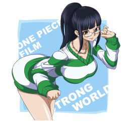 Rule 34 | 1girl, ass, bent over, black hair, blunt bangs, blush, breasts, brown eyes, collarbone, dress, english text, female focus, glasses, hand up, hige (com), jewelry, long hair, long sleeves, looking at viewer, necklace, nico robin, nico robin (strong world), one piece, one piece: strong world, ponytail, semi-rimless eyewear, smile, solo, striped clothes, striped dress, striped sweater, sweater, sweater dress, under-rim eyewear