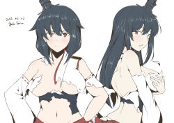 Rule 34 | 2girls, back, bare shoulders, black hair, blush, breasts, brown eyes, closed mouth, covering privates, covering breasts, detached sleeves, fusou (kancolle), hands on own hips, kantai collection, large breasts, long hair, long sleeves, looking at viewer, looking to the side, multiple girls, navel, open clothes, panties, short hair, simple background, skindentation, taira yuuki, torn clothes, underwear, upper body, v-shaped eyebrows, white background, white panties, yamashiro (kancolle)