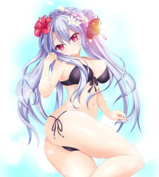 Rule 34 | 1girl, absurdres, ass, bare arms, bikini, black bikini, black bow, blue hair, blush, bow, braid, braided bun, breasts, citrus splash, cleavage, closed mouth, commentary request, cowboy shot, crown braid, curvy, eyelashes, eyes visible through hair, floating hair, flower, front-tie bikini top, front-tie top, hair between eyes, hair bun, hair flower, hair ornament, hand up, head tilt, highres, large breasts, lens flare, long hair, looking at viewer, navel, red eyes, red flower, red tassel, shiny skin, side-tie bikini bottom, sidelocks, simple background, single hair bun, smile, solo, sorakado ao, sparkle, standing, stomach, summer pockets, swimsuit, tassel, tassel hair ornament, thighs, very long hair, white background, white flower