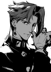 Rule 34 | 1boy, closed mouth, coat, earrings, greyscale, hand up, highres, jewelry, jojo no kimyou na bouken, kakyoin noriaki, kotatsu (g-rough), long sleeves, looking at viewer, male focus, monochrome, one eye closed, signature, simple background, sketch, solo, stardust crusaders, upper body, white background