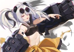 Rule 34 | 1girl, :d, absurdres, animal ears, arknights, bare arms, bare shoulders, black hair, breasts, chinese commentary, commentary request, crop top, eyewear on head, feater (arknights), feater (dojo star) (arknights), highres, long hair, looking at viewer, medium breasts, midriff, navel, official alternate costume, open mouth, panda ears, red eyes, silver hair, simple background, smile, solo, sports bra, stomach, sunglasses, upper body, verniy (tony52911856), white background