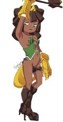 Rule 34 | 1girl, armor, armpits, artist name, axe, blush, boots, breasts, brown hair, crown, dark-skinned female, dark skin, dated, female focus, flat chest, gauntlets, gem, green eyes, leaf, nanaeljustice, navel, open mouth, original, presenting armpit, rock, solo, white background