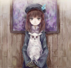 Rule 34 | 1girl, :3, absurdres, animal on arm, beret, bird, bird on arm, blue dress, blue hat, brown eyes, brown gloves, brown hair, closed mouth, cowboy shot, dress, gloves, hat, hat feather, highres, long hair, long sleeves, looking at viewer, original, owl, own hands together, painting (object), smile, solo, standing, straight-on, tayama222, wooden wall