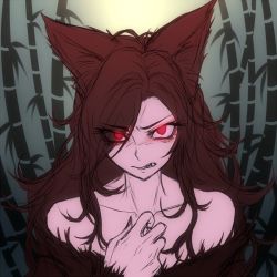 Rule 34 | 1girl, animal ears, bamboo, bamboo forest, bare shoulders, brown hair, collarbone, fangs, forest, fur, glowing, glowing eyes, imaizumi kagerou, long hair, looking at viewer, miata (miata8674), nature, portrait, red eyes, solo, touhou, wolf ears