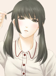 Rule 34 | 1girl, bad id, bad pixiv id, black hair, blush, face, holding, holding hair, long hair, open mouth, original, peyot, pipette (artist), sidelocks, solo