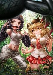 Rule 34 | 2girls, animal ears, bare arms, bare shoulders, beanie, black hair, blonde hair, blurry, blurry foreground, breast pocket, breasts, brown eyes, brown hair, camisole, cat girl, cellien (kemono friends), closed mouth, collarbone, copyright notice, day, elbow gloves, eyelashes, feet out of frame, fighting stance, fingerless gloves, fingernails, fur collar, gloves, gorilla (kemono friends), hair between eyes, hair through headwear, hands up, hat, impossible clothes, impossible shirt, kemono friends, kemono friends 3, lain, lion (kemono friends), lion ears, lion girl, lion tail, long hair, looking at another, medium hair, midriff, miniskirt, monster, multicolored hair, multiple girls, navel, necktie, open mouth, orange eyes, outdoors, pants, plaid, plaid neckwear, plaid skirt, plaid sleeves, plaid trim, pleated skirt, pocket, sharp fingernails, shirt, short sleeves, skindentation, skirt, smile, standing, stomach, tail, tan, thighhighs, transparent, two-tone hair, v-shaped eyebrows, white camisole, white pants, white shirt, zettai ryouiki, zipper, zipper pull tab