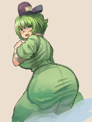 Rule 34 | 1girl, ass, blonde hair, breasts, brown background, chanta (ayatakaoisii), green eyes, green hair, hat, large breasts, matching hair/eyes, short hair, simple background, solo, sweat, thighs, touhou