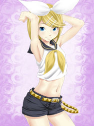 Rule 34 | 1girl, armpits, arms up, belt, blonde hair, blue eyes, bow, crop top, flat chest, flower, gradient background, hair bow, hair ornament, hairclip, highres, kagamine rin, looking at viewer, midriff, navel, necktie, parted bangs, rose, school uniform, sei15, serafuku, shirt, short shorts, shorts, sleeveless, sleeveless shirt, smile, solo, standing, swept bangs, vocaloid