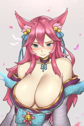 Rule 34 | 1girl, absurdres, ahri (league of legends), animal ear fluff, animal ears, bare shoulders, bell, blush, breasts, cleavage, collarbone, commentary request, facial mark, fox ears, fox tail, grey background, hair bell, hair between eyes, hair ornament, hair ribbon, highres, japanese clothes, kimono, large breasts, league of legends, long hair, looking at viewer, petals, pink hair, ribbon, solo, spirit blossom (league of legends), spirit blossom ahri, tail, vastaya, wei miao, whisker markings