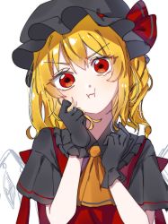 Rule 34 | 1girl, :i, alternate color, ascot, black gloves, blonde hair, bow, crystal, eringi (rmrafrn), fang, fang out, flandre scarlet, gloves, hair between eyes, hat, hat bow, hat ribbon, head tilt, highres, light blush, looking at viewer, mob cap, pout, puffy short sleeves, puffy sleeves, red eyes, red ribbon, red vest, ribbon, shirt, short sleeves, solo, touhou, upper body, v-shaped eyebrows, vest, white background, wings