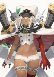 Rule 34 | 1girl, bandaged arm, bandages, belt, blouse, breasts, buttons, cloak, clover, cowboy shot, crop top, dark-skinned female, dark skin, fingerless gloves, four-leaf clover, gloves, guilty gear, guilty gear strive, hat, highres, long hair, looking at viewer, medium breasts, micro shorts, midriff, navel, open mouth, peaked cap, platinum blonde hair, ramlethal valentine, shirt, short shorts, shorts, skindentation, sleeveless, sleeveless shirt, solo, stomach, thigh strap, thighs, white cloak, white gloves, white hat, white shirt, white shorts, yellow eyes, yunar