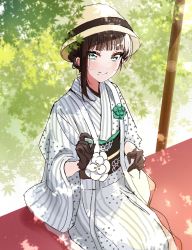 Rule 34 | 1girl, aqua eyes, black gloves, black hair, flower ornament, gloves, hair up, hand up, hat, highres, japanese clothes, kimono, kurosawa dia, light blush, looking at viewer, love live!, love live! sunshine!!, mole, mole under mouth, naarann, parted lips, sitting, smile, solo, striped clothes, striped kimono, white kimono, wide sleeves, yellow hat