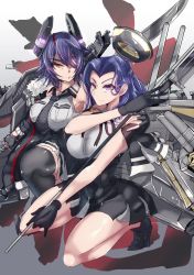Rule 34 | 2girls, ankle boots, black gloves, boots, checkered clothes, checkered neckwear, commentary request, eyepatch, glaive (polearm), gloves, halo, headgear, highres, kakiiro (takuya), kantai collection, machinery, mechanical halo, multiple girls, necktie, partially fingerless gloves, polearm, purple eyes, purple hair, school uniform, short hair, skirt, tatsuta (kancolle), tenryuu (kancolle), thighhighs, turret, weapon, white background, yellow eyes