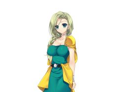 Rule 34 | 1girl, belt, bianca (dq5), blonde hair, blue eyes, braid, breasts, cape, cleavage, collarbone, dragon quest, dragon quest v, dress, female focus, kumatora tatsumi, large breasts, legs, long hair, looking at viewer, simple background, smile, solo, standing, thighs, white background