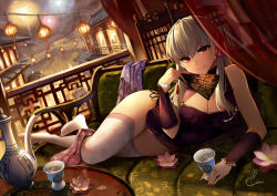 Rule 34 | 1girl, bare shoulders, blush, breasts, china dress, chinese clothes, cleavage, cleavage cutout, closed mouth, clothing cutout, commission, couch, cup, curtains, detached sleeves, dress, earrings, fate/grand order, fate (series), fireworks, flower, folding fan, hair ribbon, hand fan, highres, jewelry, kama (fate), kettle, kito koruta, lantern, large breasts, legs, long hair, looking at viewer, lotus, lying, on side, paper lantern, pelvic curtain, pink ribbon, purple dress, red eyes, ribbon, ring, side slit, silver hair, skeb commission, smile, solo, table, thighhighs, white thighhighs