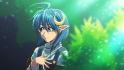 Rule 34 | 1girl, ahoge, blue hair, closed mouth, crescent, crescent hair ornament, forest, hair ornament, highres, kaien advance, nature, pointy ears, rena lanford, short hair, smile, solo, sparkle, star ocean, star ocean the second story