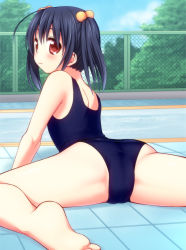 Rule 34 | 1girl, all fours, ass, bad id, bad pixiv id, bare legs, bare shoulders, barefoot, black hair, blush, feet, fence, from behind, hair bobbles, hair ornament, light smile, looking back, on floor, one-piece swimsuit, original, pool, poolside, red eyes, short hair, solo, spread legs, swimsuit, tiles, tree, twintails, usashiro mani, water