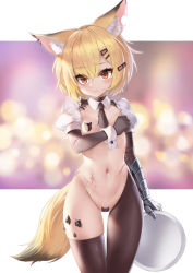 Rule 34 | 1girl, animal ear fluff, animal ears, arknights, black gloves, black legwear, black necktie, blonde hair, blush, breasts, commentary request, ehart, fox ears, fox girl, fox tail, gauntlets, gloves, gluteal fold, hair between eyes, hair ornament, hairclip, holding, holding tray, maebari, meme attire, navel, necktie, parted lips, puffy short sleeves, puffy sleeves, red eyes, reverse bunnysuit, reverse outfit, scar, short necktie, short sleeves, single gauntlet, small breasts, solo, standing, tail, thigh gap, tray, vermeil (arknights)