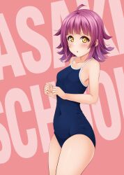 Rule 34 | 1girl, :o, ahoge, text background, blunt bangs, blunt ends, blush, breasts, collarbone, commentary, competition school swimsuit, covered navel, cowboy shot, curled fingers, highres, hino minato (spec.c), looking at viewer, love live!, love live! nijigasaki high school idol club, medium hair, open mouth, parted lips, pink hair, red background, school swimsuit, small breasts, solo, swimsuit, tennoji rina, yellow eyes