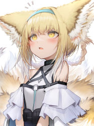 Rule 34 | 1girl, absurdres, animal ear fluff, animal ears, aqua hairband, arknights, bare shoulders, blonde hair, blush, braid, fox ears, fox girl, fox tail, hairband, highres, infection monitor (arknights), looking up, material growth, multiple tails, open mouth, oripathy lesion (arknights), short hair, simple background, solo, suzuran (arknights), tab head, tail, upper body, white background, yellow eyes