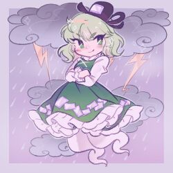 Rule 34 | + +, 1girl, black hat, closed mouth, cloud, commentary, commission, cross-laced clothes, crossed arms, crossed legs, dreamysuite, dress, electricity, english commentary, full body, ghost tail, green dress, hat, highres, juliet sleeves, light green hair, long sleeves, looking at viewer, ofuda, ofuda on clothes, puffy sleeves, smile, soga no tojiko, solo, storm, tate eboshi, touhou