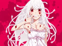 Rule 34 | 1girl, alternate eye color, alternate hair color, alternate hair length, alternate hairstyle, bare shoulders, blood, blood on arm, blood on chest, blood on clothes, blood on face, blood splatter, blush, bow, breasts, collarbone, dress, dress bow, finger in own mouth, highres, long hair, looking at viewer, monogatari (series), mouth pull, pulling, purple bow, red background, red eyes, sengoku nadeko, sleeveless, sleeveless dress, small breasts, snake, snake hair, solo, spaghetti strap, spoilers, strap slip, sundress, teeth, upper body, very long hair, white dress, white hair, yamanami kousuke