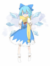 Rule 34 | 1girl, :&gt;, blue eyes, blue hair, bow, cirno, dress, female focus, full body, hair bow, ice, ice wings, looking at viewer, matching hair/eyes, mittens, mokeo, perfect cherry blossom, scarf, socks, solo, standing, touhou, white mittens, wings, yellow scarf