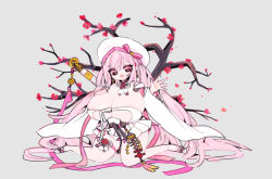 Rule 34 | 1girl, branch, breasts, can fan, chibi, cleavage, destiny child, hand on breast, hat, huge breasts, kneeling, long hair, looking at viewer, pink hair, senga (destiny child), solo, sword, twintails, weapon