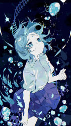 Rule 34 | 1girl, absurdres, blue eyes, blue hair, blue skirt, blue theme, bubble, crying, crying with eyes open, fish, highres, huge filesize, omutatsu, pleated skirt, shirt, short hair, short sleeves, skirt, solo, tears, umiyuri kaiteitan (vocaloid), underwater, vocaloid, white shirt