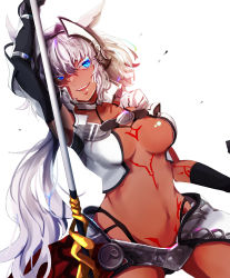 Rule 34 | 1girl, animal ears, arm up, armor, armpits, belt, black gloves, black panties, blue eyes, body markings, breasts, caenis (fate), collarbone, commentary request, cowboy shot, cyan ink, dark-skinned female, dark skin, elbow gloves, eyelashes, fate/grand order, fate (series), faulds, gauntlets, gloves, hair intakes, halterneck, head tilt, headpiece, highleg, highleg panties, highres, holding, holding polearm, holding spear, holding weapon, large breasts, long hair, looking at viewer, midriff, navel, open mouth, panties, pauldrons, polearm, shoulder armor, shoulder plates, smile, solo, spear, underwear, very long hair, weapon, white background, white hair