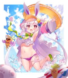 Rule 34 | + +, 1girl, :d, animal ears, armpits, arms up, bikini, blush, commentary request, flower knight girl, highres, innertube, jumping, long hair, long sleeves, looking at viewer, navel, open mouth, piyoyanagi, pom pom (clothes), purple bikini, rabbit ears, red eyes, sandals, signature, silver hair, sky, smile, solo, swim ring, swimsuit, twintails, twitter username, usagigoke (flower knight girl), visor cap, water