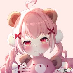 Rule 34 | :3, ahoge, animal ears, artist name, bear ears, blush, closed mouth, commentary request, copyright request, gradient background, heart, heart-shaped pupils, heart ahoge, highres, holding, holding stuffed toy, long hair, looking at viewer, low twintails, nail polish, pink background, pink nails, red eyes, stuffed animal, stuffed toy, symbol-shaped pupils, teddy bear, thick eyebrows, twintails, upper body, virtual youtuber, white clover (unfy8472)