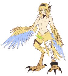 Rule 34 | 1futa, animal ears, anklet, bandaged leg, bandages, bird ears, bird legs, black hairband, blonde hair, blue feathers, braid, collar, commentary, dokibird (vtuber), english commentary, facial mark, feathered wings, feathers, futanari, green eyes, green penis, hairband, harpy, highres, indie virtual youtuber, jewelry, long hair, metal collar, monster girl, monsterification, nipples, no testicles, nude, pouch, ricegnat, side braid, simple background, single braid, slit pupils, solo, talons, thigh pouch, two-tone wings, uncensored, virtual youtuber, white background, winged arms, wings, yellow feathers