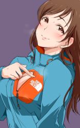 Rule 34 | 10s, 1girl, 71, blush, brown eyes, brown hair, cleavage cutout, clothing cutout, idolmaster, idolmaster cinderella girls, jacket, long hair, looking at viewer, nitta minami, product placement, smile, solo, sweat, the north face, track jacket