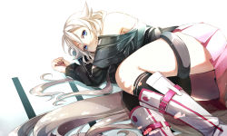 Rule 34 | 1girl, bad id, bad pixiv id, blue eyes, boots, fumio (kanmi), ia (vocaloid), long hair, lying, off shoulder, on side, skirt, solo, thigh strap, very long hair, vocaloid, white hair