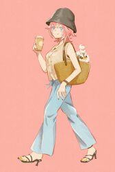 Rule 34 | 1girl, alternate costume, bag, black headwear, blue eyes, blue pants, breasts, closed mouth, coffee cup, cup, disposable cup, feet, film grain, full body, ganmo (takane lui), hand up, holding, hololive, looking at viewer, matsuri (matsuike), medium breasts, medium hair, nail polish, orange nails, pants, pink background, pink hair, red nails, sandals, shoulder bag, simple background, sleeveless, smile, solo, standing, strappy heels, takane lui, toenail polish, toenails, toes, vest, virtual youtuber