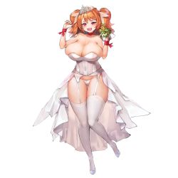 Rule 34 | 1girl, :3, areola slip, blush, breasts, bursting breasts, cerberus (last origin), dress, fang, full body, game cg, garter belt, garter straps, high heels, highres, huge breasts, last origin, long hair, looking at viewer, mole, mole under eye, navel, official art, orange hair, red eyes, showgirl skirt, sima (startwitch), skin fang, skindentation, smile, solo, tachi-e, thighhighs, tiara, transparent background, twintails, wedding dress, white thighhighs