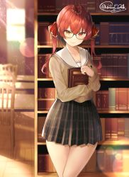 Rule 34 | 1girl, absurdres, alternate costume, black-framed eyewear, blush, book, bookshelf, breasts, chair, closed mouth, collarbone, commentary request, glasses, gold trim, hair ornament, hair ribbon, heterochromia, highres, holding, holding book, hololive, houshou marine, indoors, large breasts, library, long hair, long sleeves, looking at viewer, pleated skirt, red eyes, red hair, red ribbon, ribbon, school uniform, serafuku, shiina aoi, signature, skirt, smile, solo, sunlight, table, twintails, uniform, virtual youtuber, window, yellow eyes