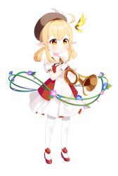 Rule 34 | 1girl, blonde hair, bug, butterfly, clover print, commentary request, full body, genshin impact, gloves, hair between eyes, hat, highres, holding, holding instrument, insect, instrument, klee (genshin impact), long hair, looking at viewer, low twintails, mary janes, miyako draw, official alternate costume, pantyhose, parted lips, red footwear, shoes, short sleeves, sidelocks, simple background, solo, standing, trumpet, twintails, white gloves, white pantyhose, yellow eyes
