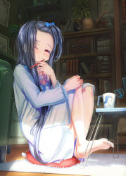 Rule 34 | 1girl, aiuabo, armchair, bangs pinned back, barefoot, black hair, blue bow, blue nails, book, bookshelf, bow, bra, brushing teeth, chair, commentary request, controller, cup, cushion, desk lamp, frilled sleeves, frills, half-closed eye, highres, indoors, jar, knees up, lamp, long sleeves, looking at viewer, mug, nail polish, nightgown, off shoulder, one eye closed, original, picture frame, pink bra, plant, polka dot, polka dot bow, potted plant, radio, remote control, rock, scissors, sitting, sleepy, solo, table, toenail polish, toenails, toothbrush, topknot, underwear, watering can, watery eyes